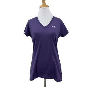 Under Armour T Shirt Womens XS Purple Semi Fitted HeatGear V Neck Sweat Wick
